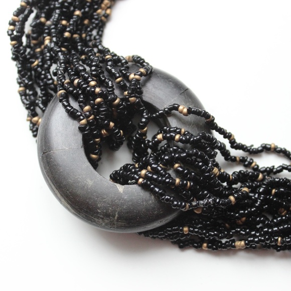 1980s boho tribal multistrand necklace beads horn black gold glass collier - Picture 3 of 11